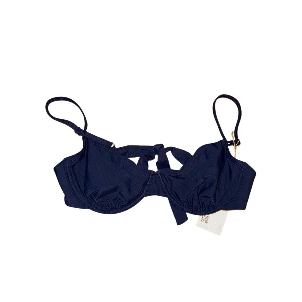Quince‎ Bikini Top Womens Size L Navy Blue Underwire Balconette Tie Back bikini